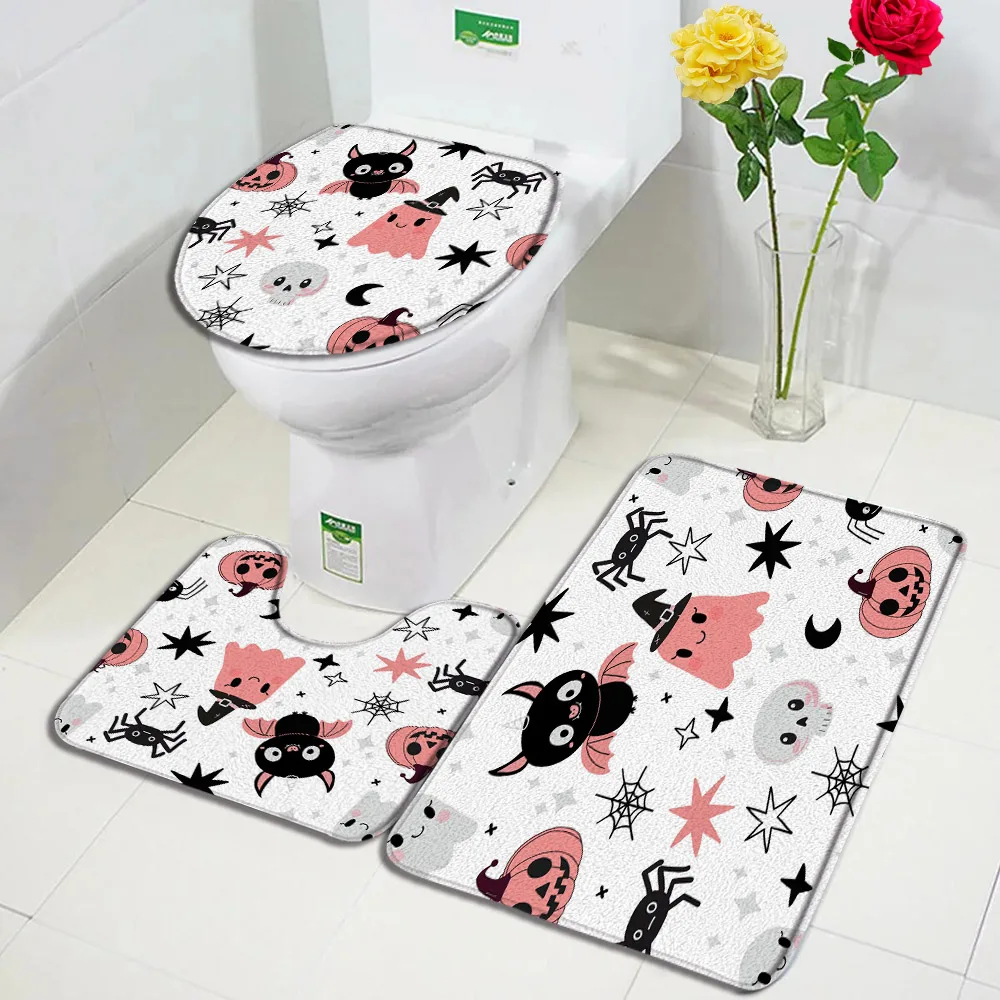 Cartoon Halloween Bath Mat Set Black Bat Spider Pumpkin Skull Ghost Non-Slip Carpet Bathroom Decor Floor Rugs Toilet Lid Cover