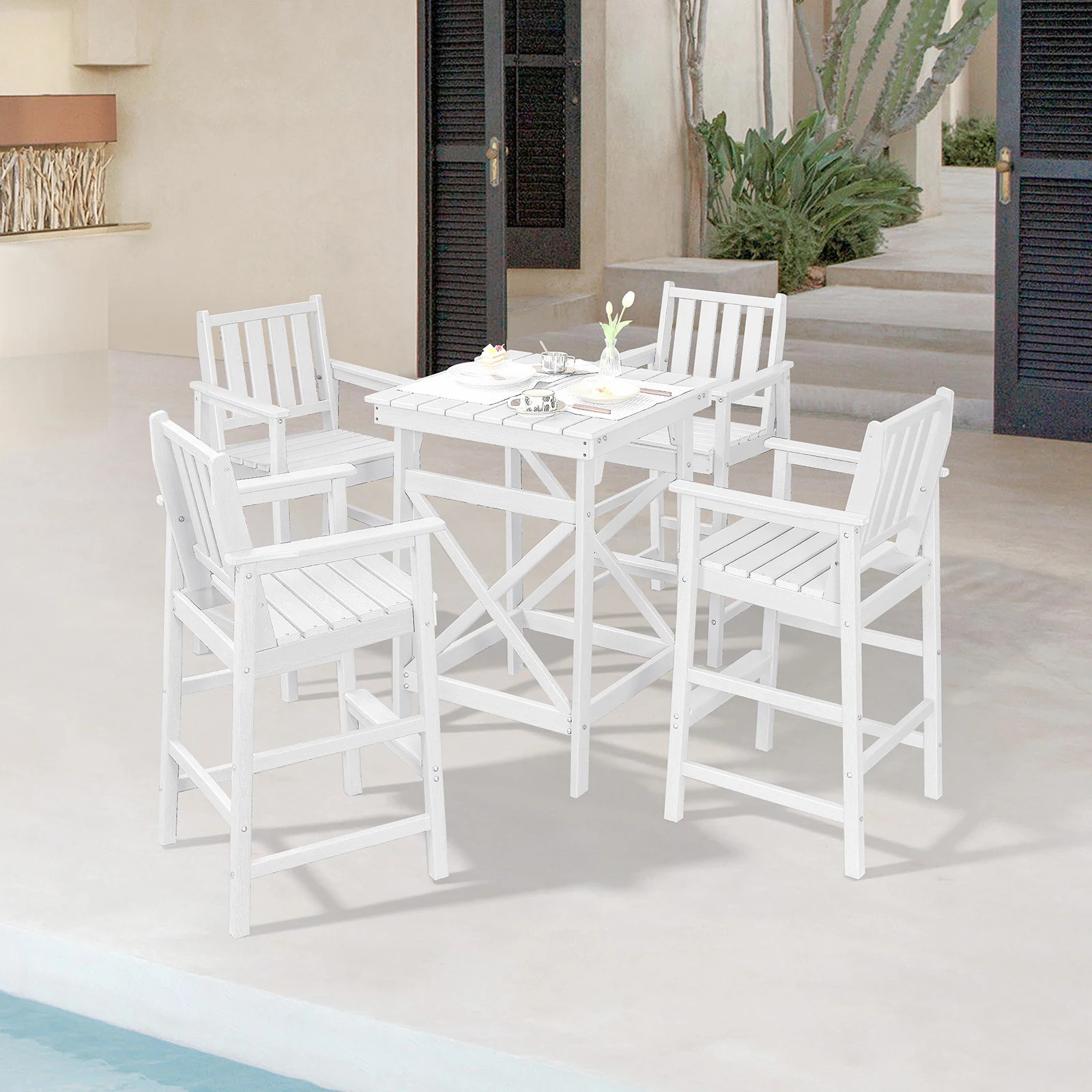 

Free US Shipping 4-seater Weather-resistant HDPE Bar Set Outdoor Table for Farmhouse and 4 Outdoor bar Stools for Poolside