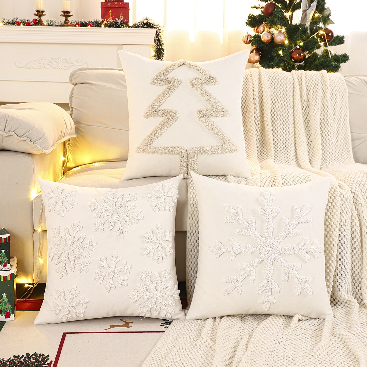 1PC Weihnachtsdekoration Dekokissenbezug Stickerei Leinwand getuftete Schneeflocke Weihnachtsbaum