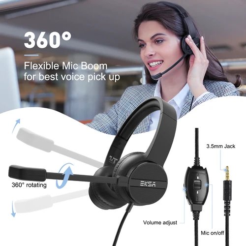 Imagen 2 del producto Auriculares con Cable EKSA con Micrófono para PC/PS4/Xbox, Auriculares para Juegos, 3.5mm/USB, Auriculares Supraaurales para Centro de Llamadas/Traáfico/Oficina