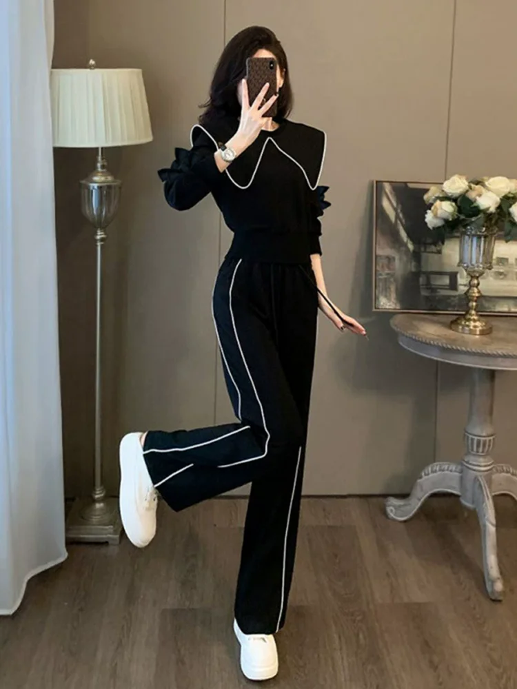 ผู้หญิงสบายๆลาย 2 ชิ้นชุดเอวสูงแฟชั่น Baggy ขากว้าง Conjuntos ตรงหลวมเกาหลี Lace Up กางเกง Ensembles