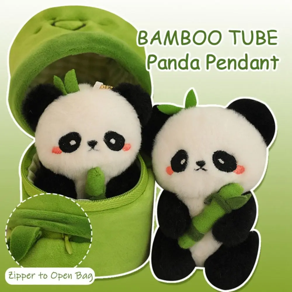 Fashion Cute Panda Keychain Plush Stuffed Cartoon Bamboo Tube Bag Pendant Key Ring Toys Kawaii Animal Pendant Kids