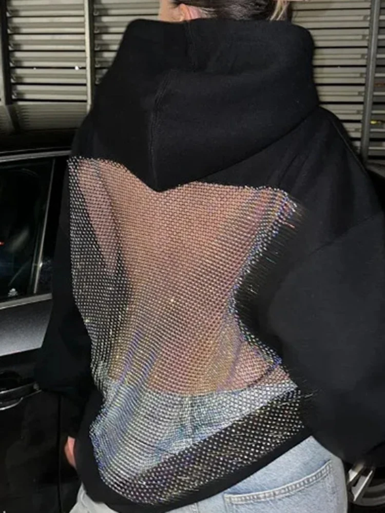 

Повседневный однотонный свободный пуловер для поездок на работу, осень-зима, новые женские топы с длинными рукавами, модные большие сетчатые толстовки с открытой спиной для девочек