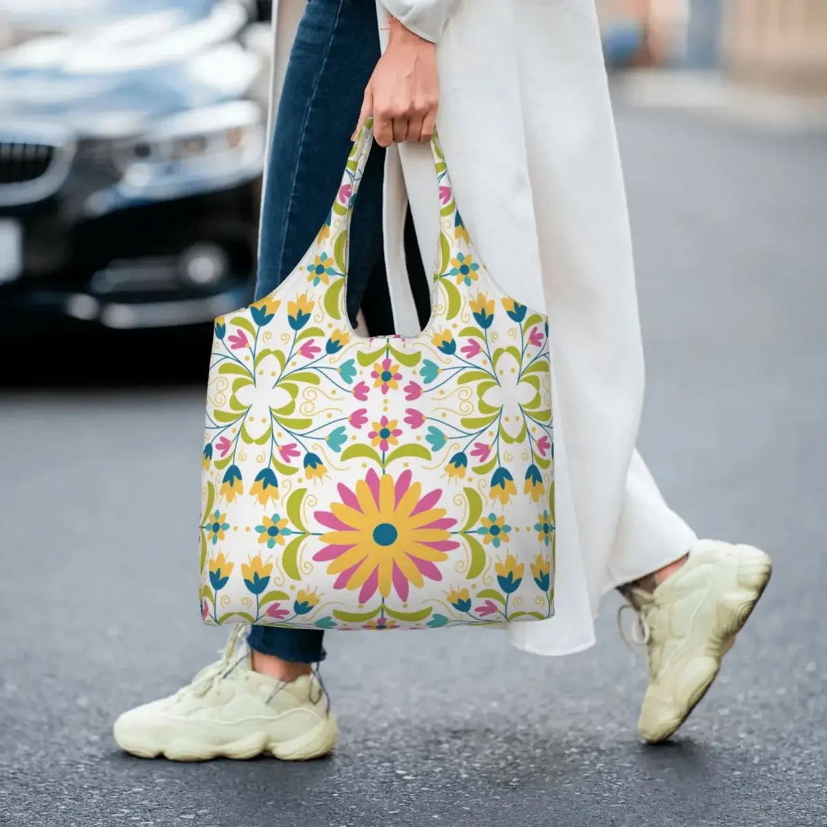 Personalizzato messicano Otomi ricamo fiore Shopping borse di tela muslimspesa Folk Floral Texture Shopper Tote Bags