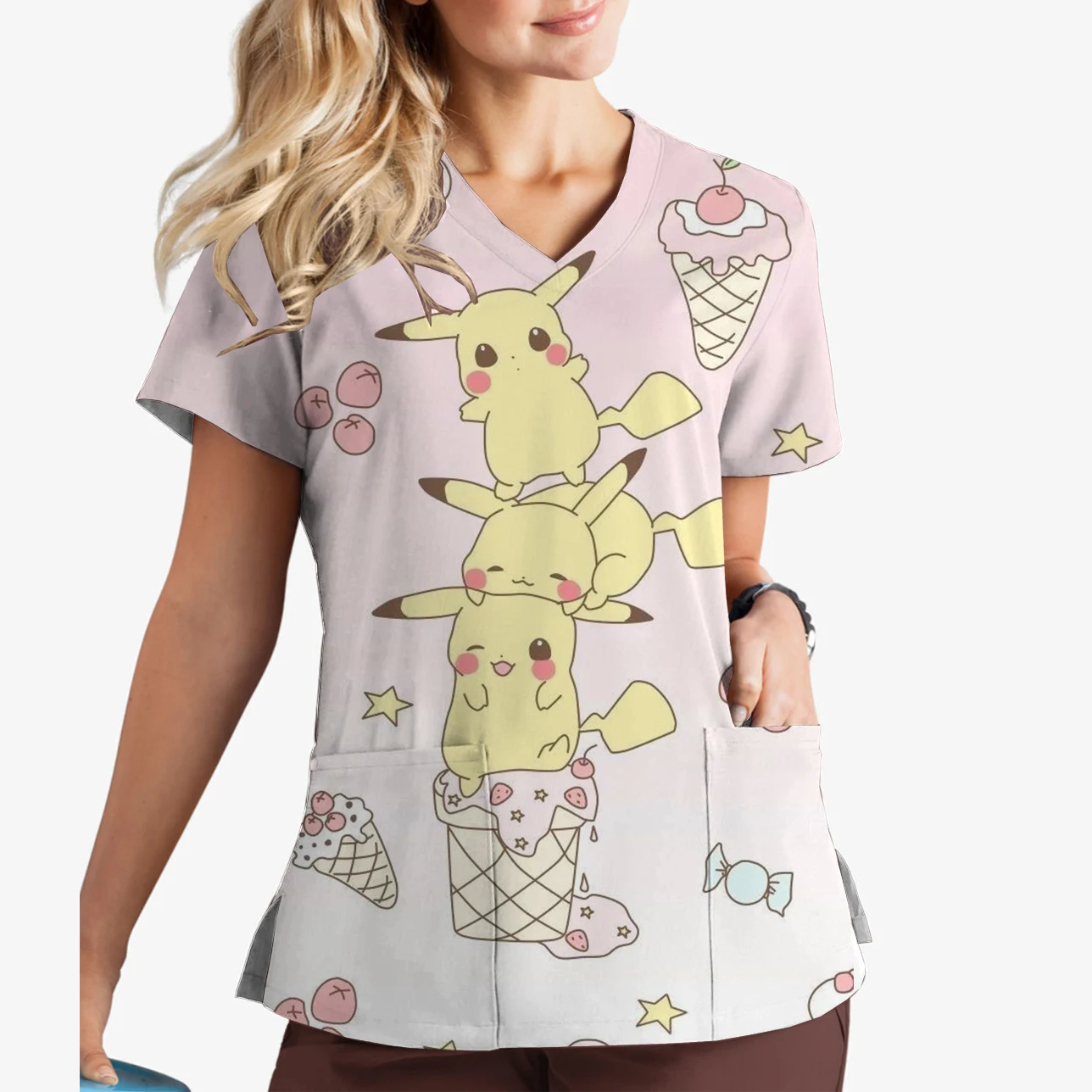 Cartoon Pikachu Print Short Sleeve Top Summer Beauty Salon Nursing Home Women's Nursing Clothes V-Neck Print Scrub Top