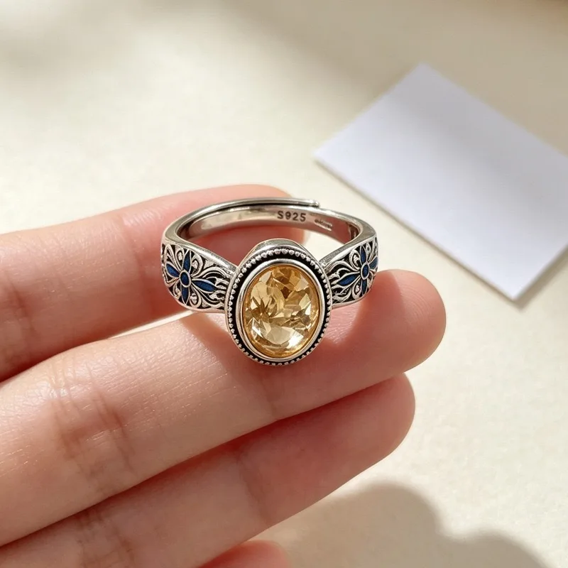BF CLUB 925 Sterling Silber Ring für Damen, Schmuck im Retro-Stil mit orangefarbenem Stein, offener Vintage-Handgefertigter Ring, allergiefrei, für Party, Geburtstagsgeschenk – Detail 4