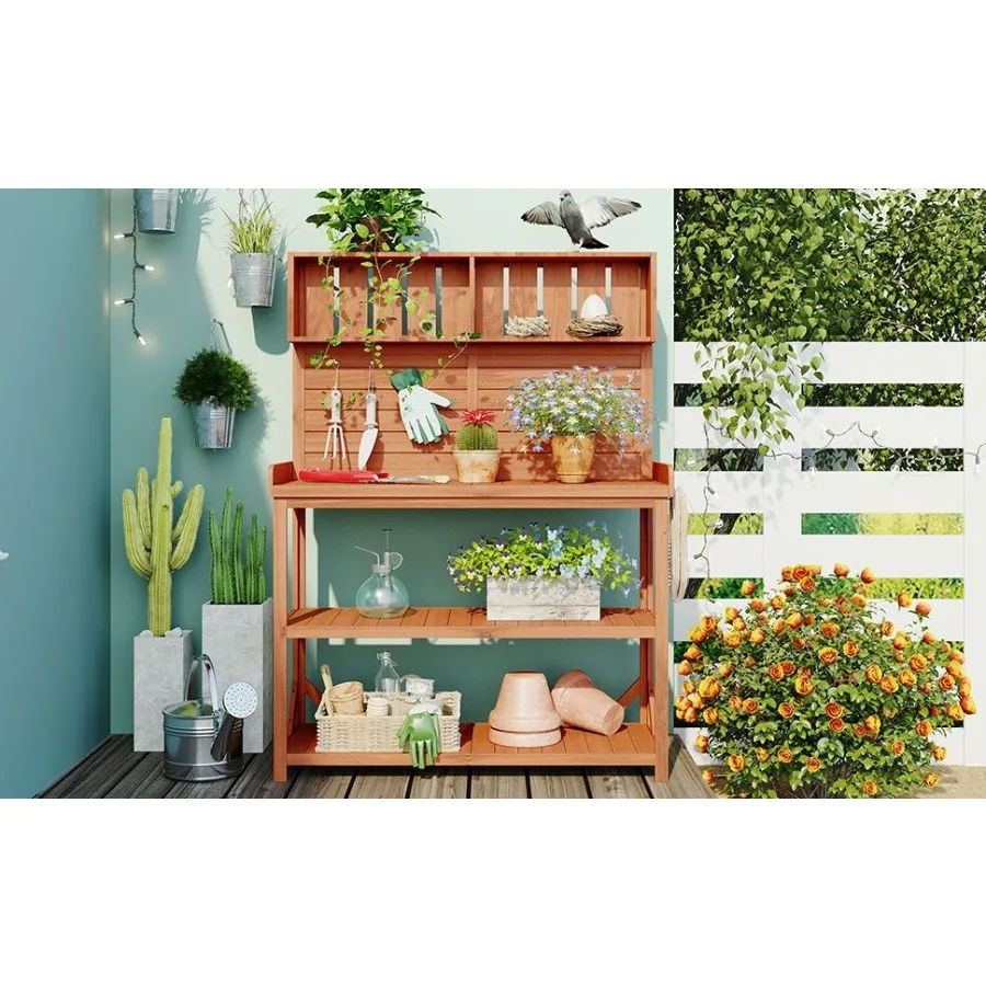 

TOPMAX 65 Large Wooden Farmhouse Rustic Outdoor Potting Bench Table Patio Workstation Garden Potting Bench with 4 Storage Shelv
