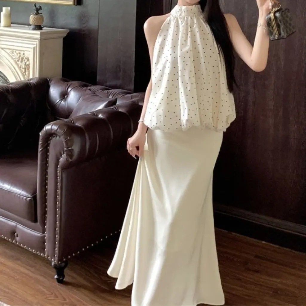 

Summer Korean Fashion Raglan Neck Wave Bud Top Overskirt Two-Piece Suit Women's Temperament Ensemble