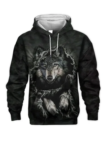 Imagen 2 del producto Sudadera con capucha de animales a la moda para hombre, sudadera con estampado de lobo en 3D para otoño, sudadera informal de calle Y2K, ropa Unisex de gran tamaño para hombre