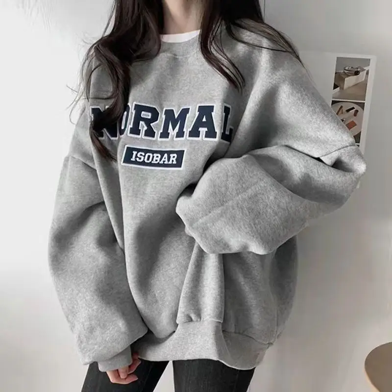 

Ball free gray round neck sweatshirt for women autumn and winter Hong Kong fashion brand casual hooded top lazy style jacket y2k