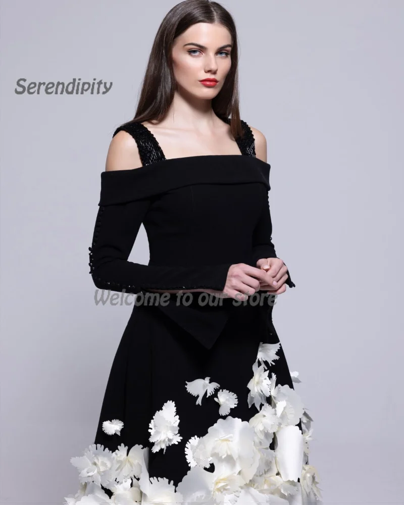 Serendime-Vestido Longo de Noite Feminino, Linha A, Apliques Elegantes, Vestido Preto Cetim, Coquetel e Formatura, Mulheres Sexy,