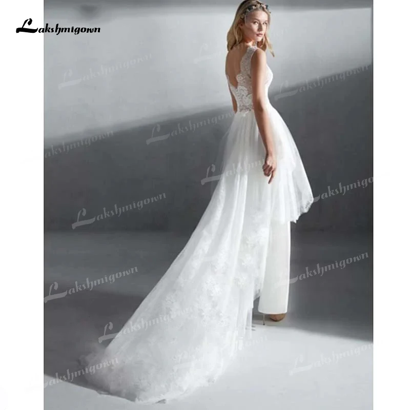 Jumpsuits Wedding Dresses with Detachable Train Jewel Neck Lace Bohemian Beach Bridal Gowns Overskirts Boho Wedding Dress Pants