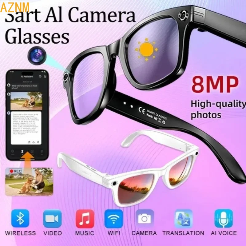 Lunettes Intelligentes IA avec Caméra 8MP, Enregistrement Vidéo, Traduction, Appel Bluetooth, Lecture Musicale – Hommes et Femmes