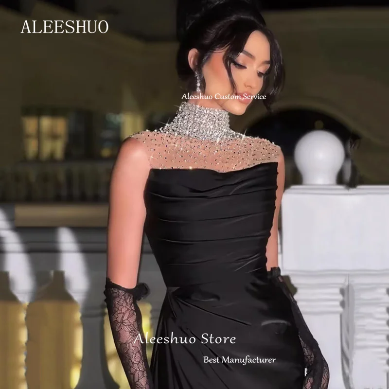 Saudi Arabia Black Mermaid Prom Dressess Sexy High Neck Sleeveless Evening Dress Pleat Shiny Beaded Crystal Opne Back Customized