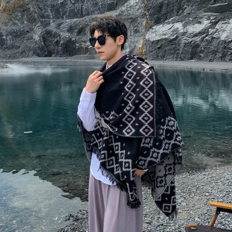 

2025 Thick Men's Shawl Warm Travel Clothing Tibetan Style Northwest Desert Coat Ethnic Wind Shoulder Wrap Outerwear P1