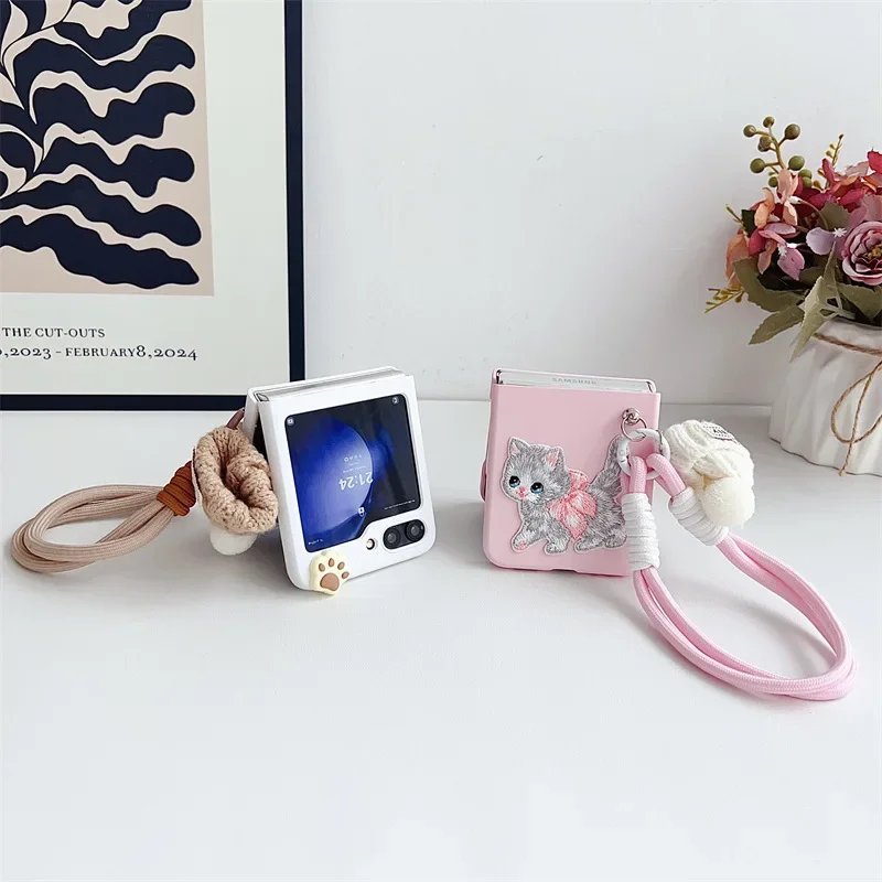 Capa de telefone bordada para gatos, capa protetora, Shell para Samsung Galaxy Z Flip 6, 5, 4, 3, ZFlip4, ZFlip5, ZFlip6