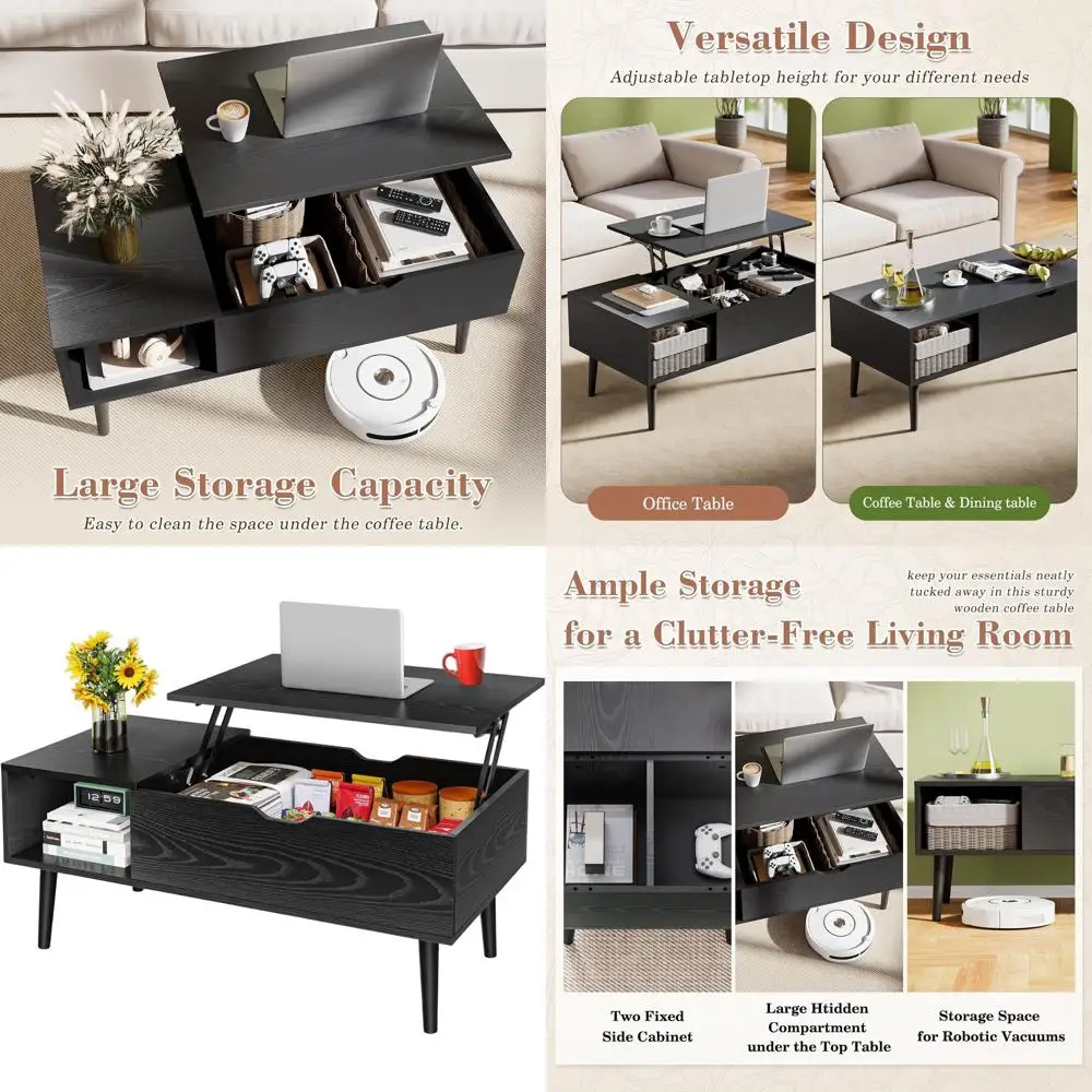 

Illuminated Coffee Table with Concealed Compartment and Ample Storage Shelf, Ideal for Dining or Living Room Use, Black