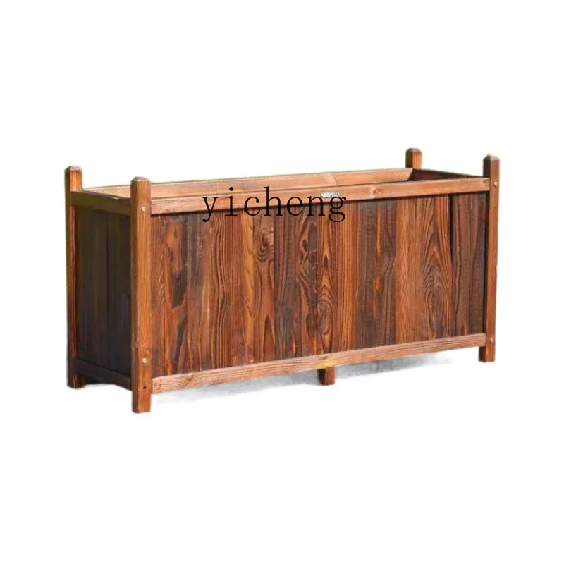 XL New Antiseptic Wood Flower Box Rectangular Carbonized Solid Wood Flowerpot Outdoor Courtyard Wooden