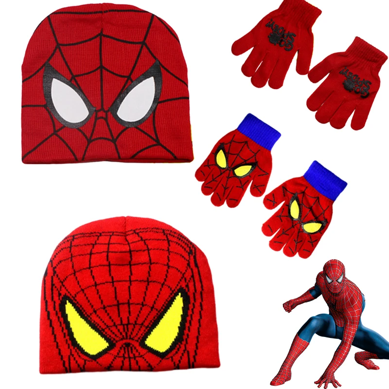 Spiderman Superhero Knitted Beanie Gloves Set Christmas Warm Cap Cosplay Props Winter Accessory for Boys Girls Halloween Gifts