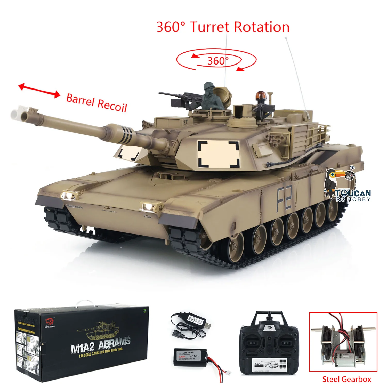 재고 Heng 긴 1/16 7.0 플라스틱 M1A2 Abrams RC 탱크 3918 스틸 기어박스 360 회전 배럴 리코일 RC 장난감 모델 TH17792