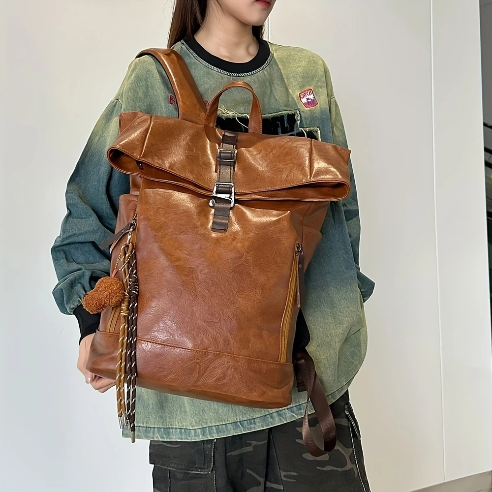 

Vintage Roll-top Faux Leather Backpack, Large Capacity Multi-pocket Rucksack with Buckle Closure for Daily Commute