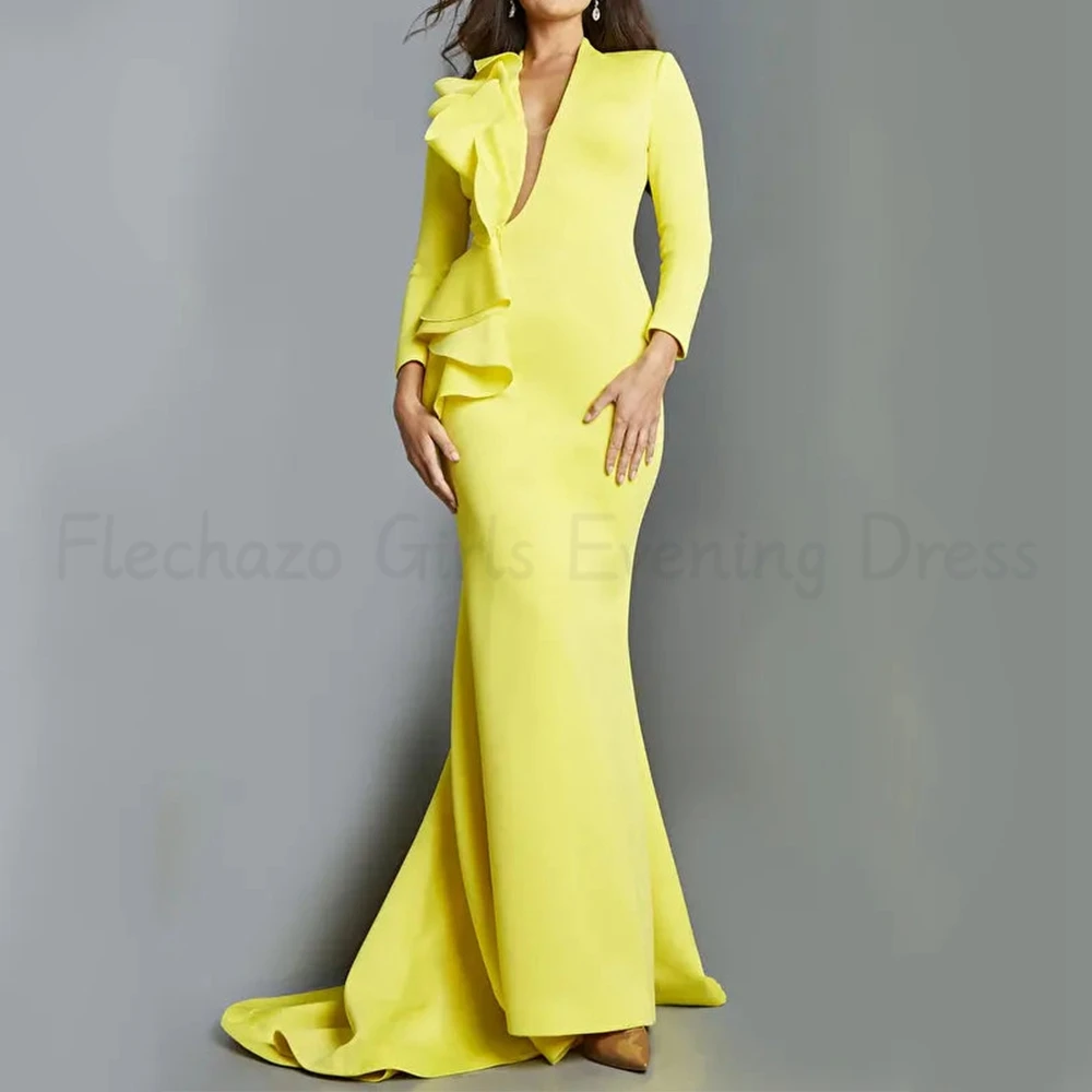 Flechazo Yellow Mermaid Floor Length Evening Dress Chic V-Neck and Long Sleeves with Ruffles Custom Made Women Banquet Gowns