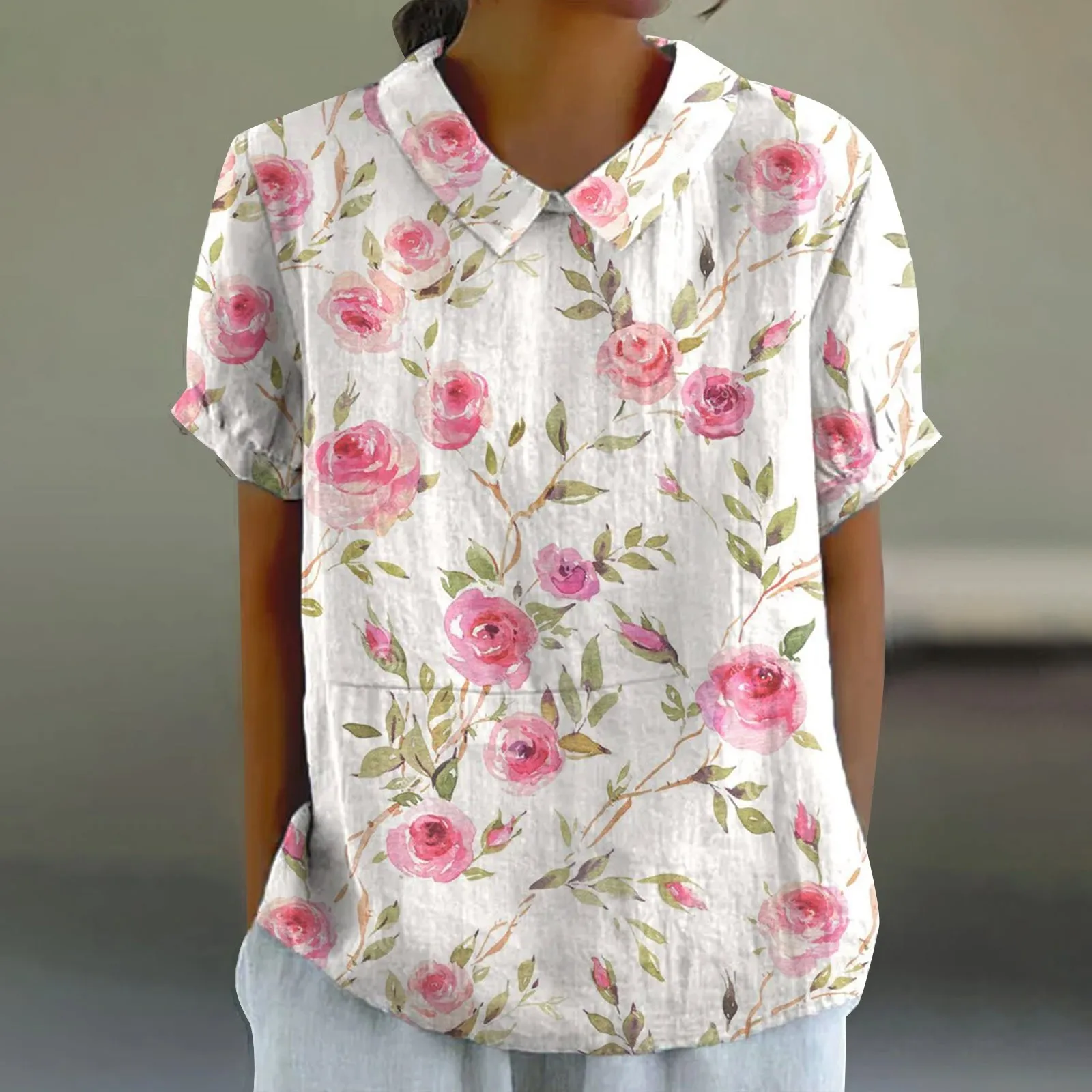 

Women's Summer Doll Neck Flower Print Loose Casual Shirts for Women Short Sleeve Travel Tees for Women Elbow Length Sleeve Top