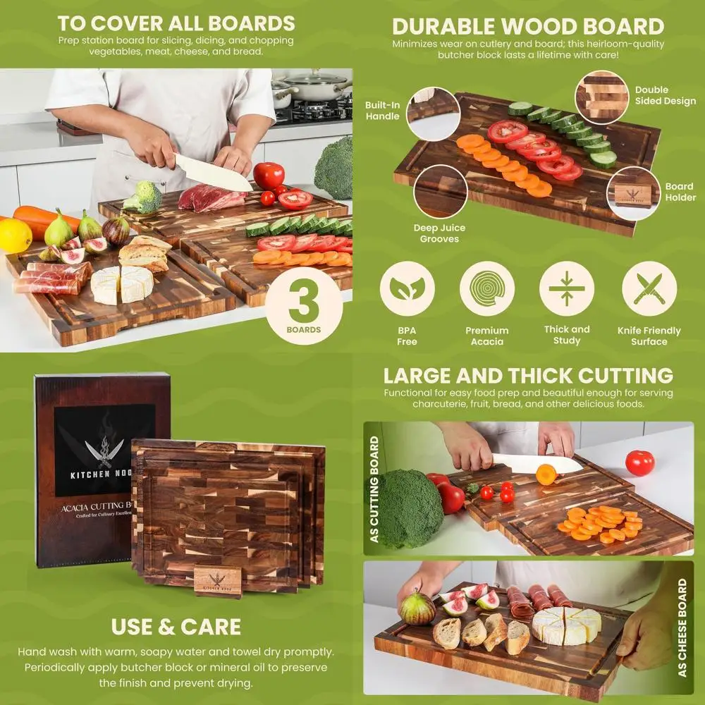 

Tri-Set Acacia Cutting Boards with Holder, Dual-Sided, Non-Toxic, 13-17 Inches for Kitchen Use