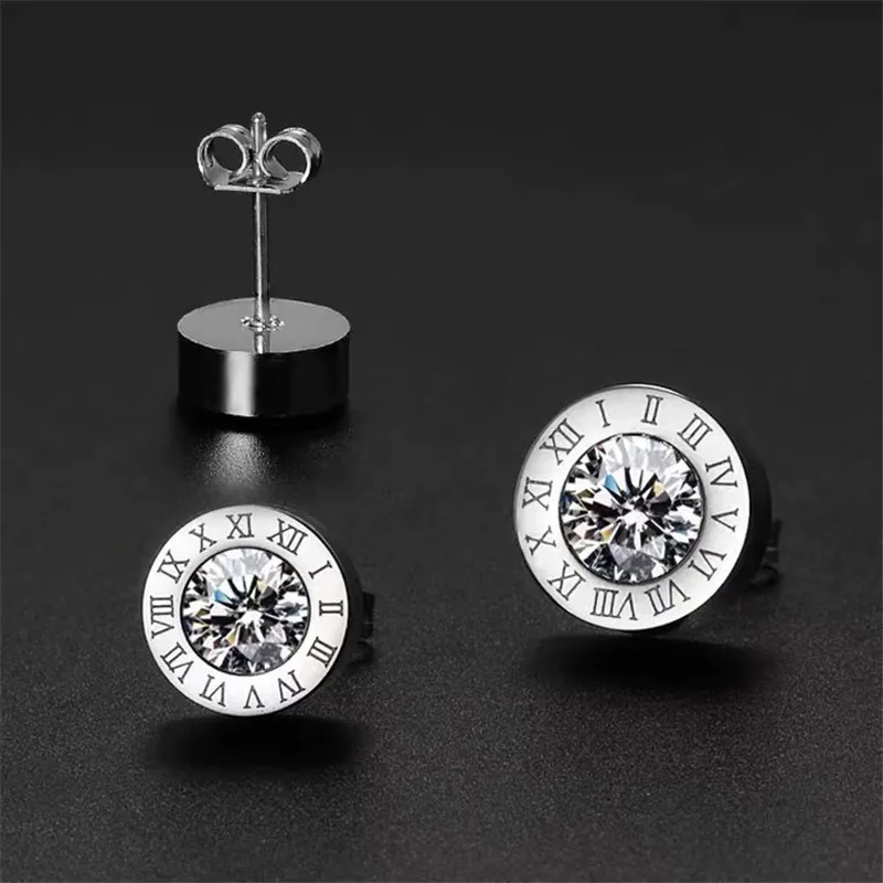 316L Stainless Steel 3 Pairs Large Crystal Laser Roman Numerals Stud Earring Set Women\'s Jewelry Gift Romantic And Elegant