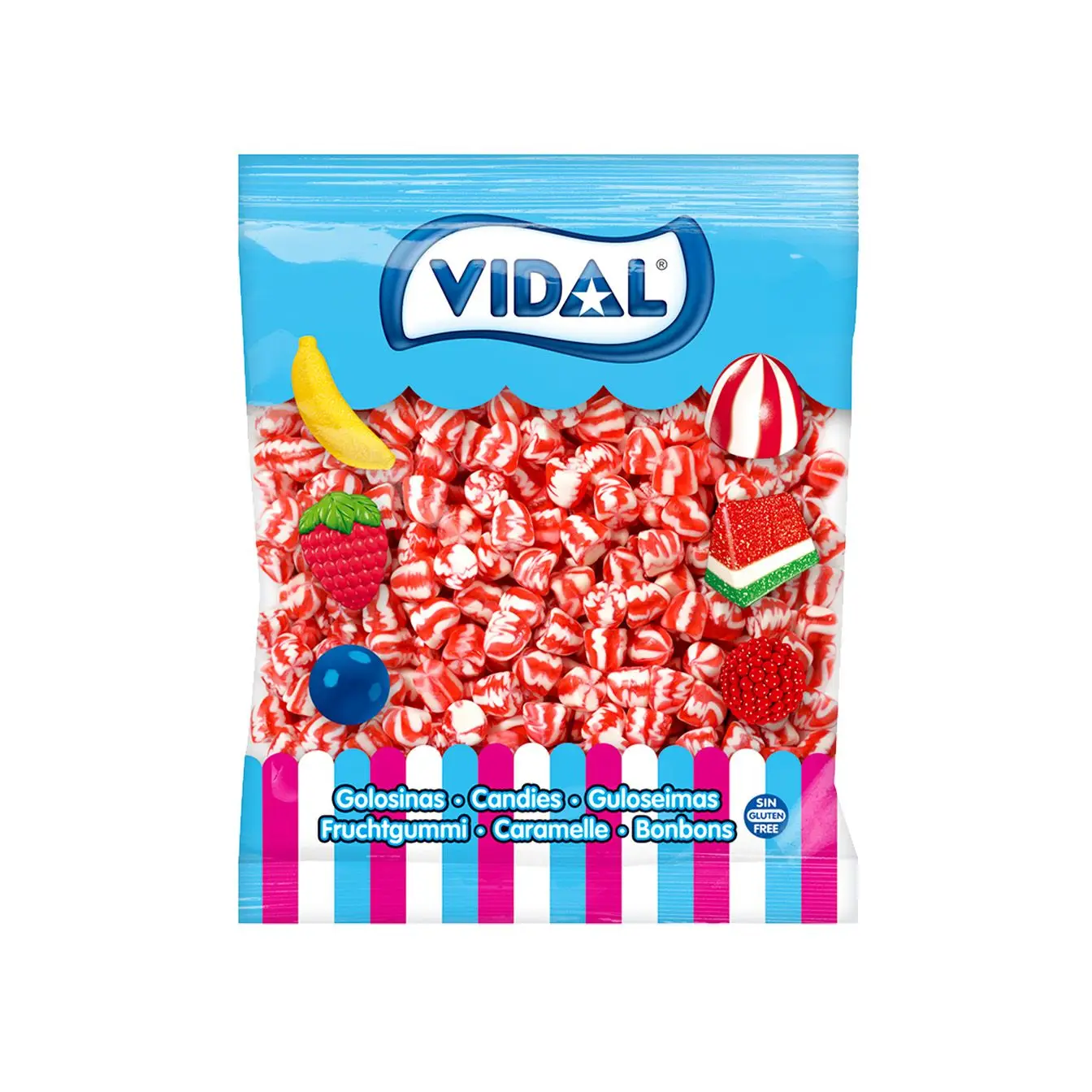 Gummies Mini Kiss Twist Red and White-1Kg Vidal Bag (Gluten Free)-Sweet and Fun! -Gluten Free Rubber Treats Mini Kiss