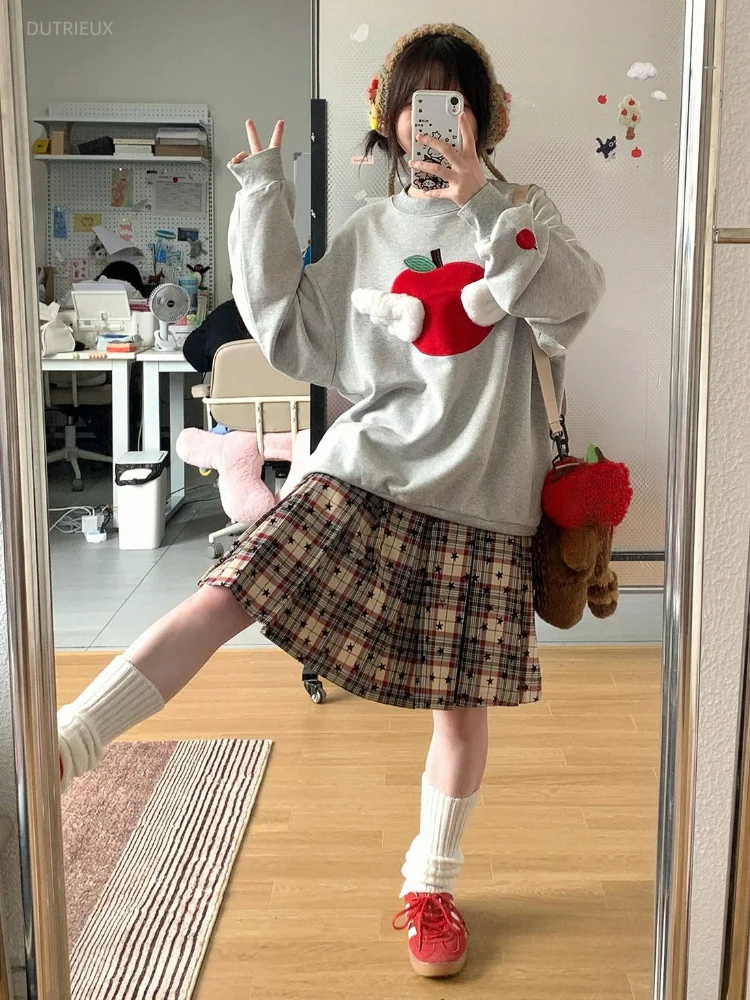 Y2k Aesthetic Kawaii Cute Red Apple Wings Hoddies Women Casual Loose Harajuku Hoody Preppy Style Grunge Light Grey Sweatshirts