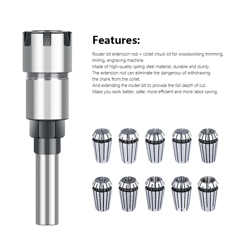 XCAN Router Bit Tool Holder 11pcs ER16 Spring Collet Chuck with 8mm Shank Router Bit Extension Rod Milling Cutter Tool Holder