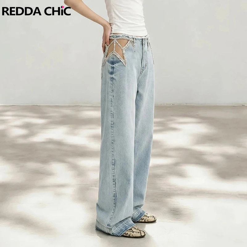 

REDDACHiC Crystal Embellished Baggy Jeans Trendy ICON Tall Girl Hollow Out Low Waist Raw Edge Pants Party Music Festival Outfit
