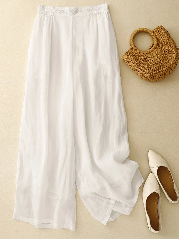 Ele Embroidered Wide Leg Pants Women's Summer Lightweight Drifting Double Layer Linen Straight Long Casual Skirt Pants