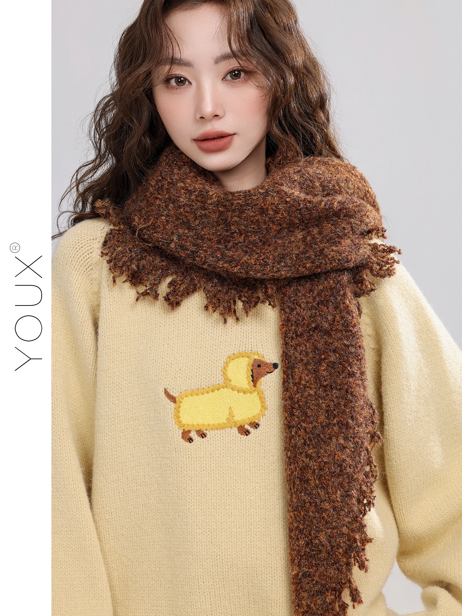 

Warm Knitted Sweater round Neck Embroidered Doggies Loose Fit Female Style Winter New Arrival Cozy Nostalgic Yellow Color