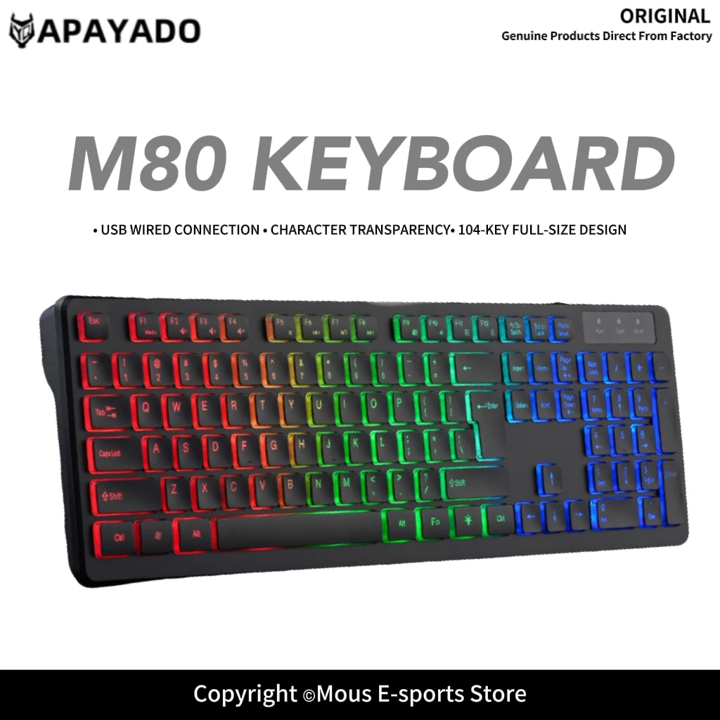 USB Wired Lightweight Keyboard LED Backlight Luminous Letters APAYADO M80 Silent Thin Film Keys for PC Laptop Office Home