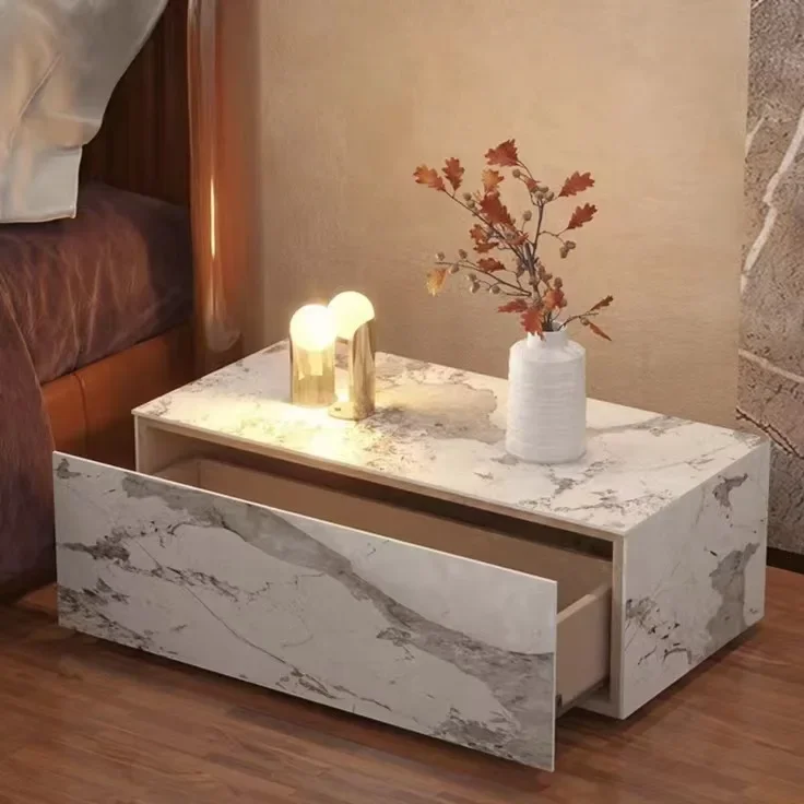 Full Stone Plate Bedside Table Simple Modern Designer Bedroom Storage Organizer Side Cabinet Storage Rack