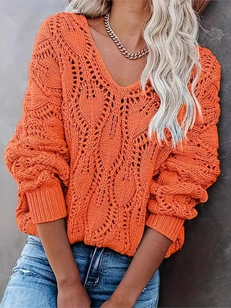 

Повседневный вязаный свитер для женщин, модный однотонный свитер с длинным рукавом и v-образным вырезом, пуловеры с цветочным принтом, свитера, топы, женская праздничная одежда