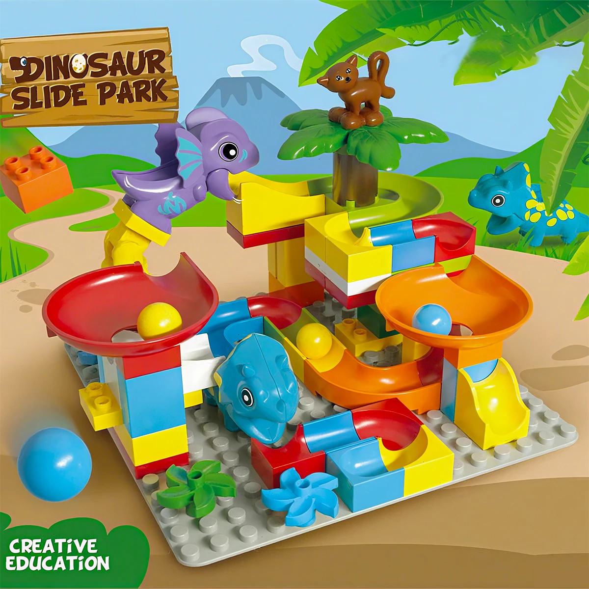 55PCS Große Bausteine Marmor Rennen Run Track Dinosaurier Und Große Ziegel Rolling Ball Rutsche Trichter Spielzeug Für Kinder pädagogisches Spielzeug