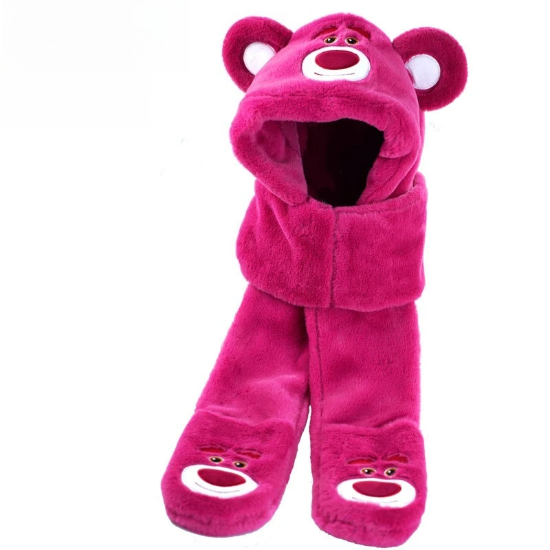 Miniso ديزني الأطفال قبعة وشاح قفازات مجموعة متكاملة الفتيات الخريف والشتاء الدافئة أفخم قبعة وشاح الفراولة الدب