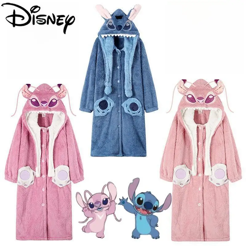 Disney Lilo & Stitch Stitch Women Pajamas New Cartoon Hooded Winter Nightwear Thick Coral Velvet Kawaii Couple Sleepwear Clothes