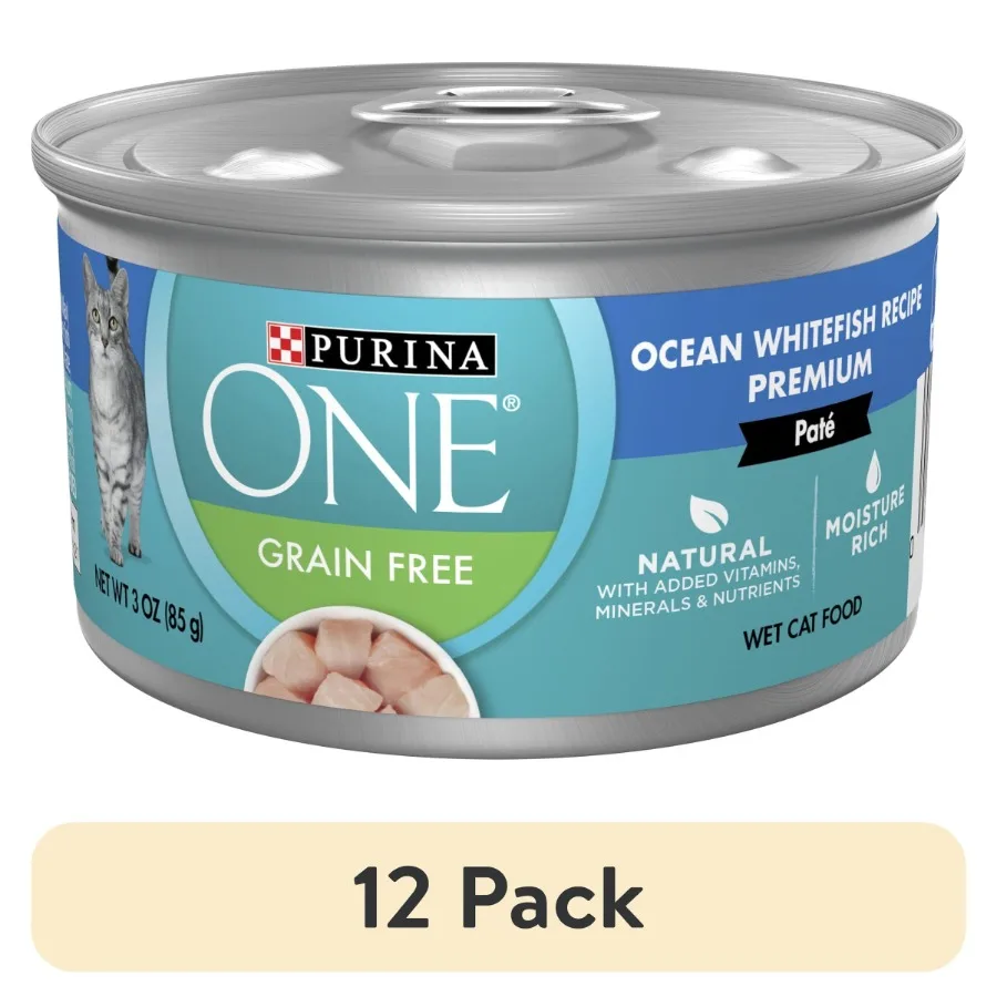 Paquete de 12 Alimentos Húmedos para Gatos Sin Granos, Paté con Pescado Blanco del Océano para Gatos Adultos, Latas de 3 oz, Receta Natural, Alto Contenido de Humedad, Id
