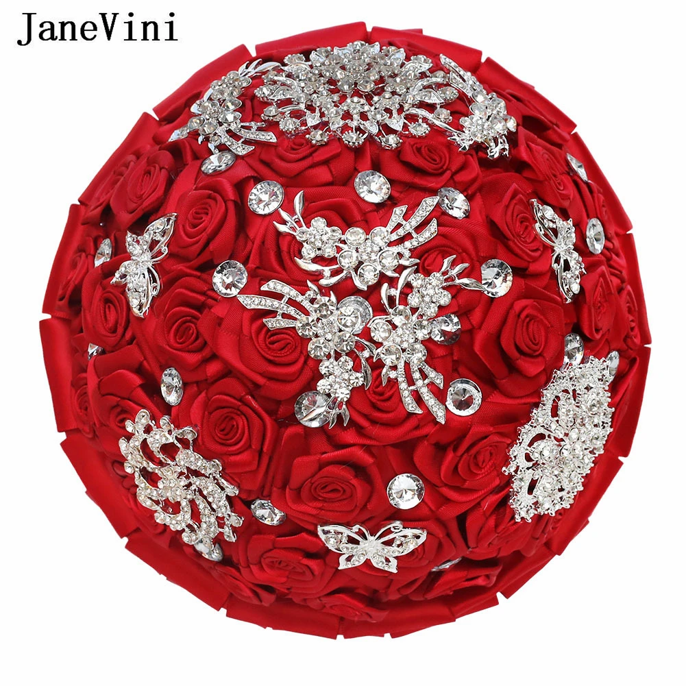 JaneVini Dark Red Satin Rose Bride Wedding Bouquets Silver Brooches Crystal Bridal Jewelry Navy Blue Custom Made Flowers Luxury