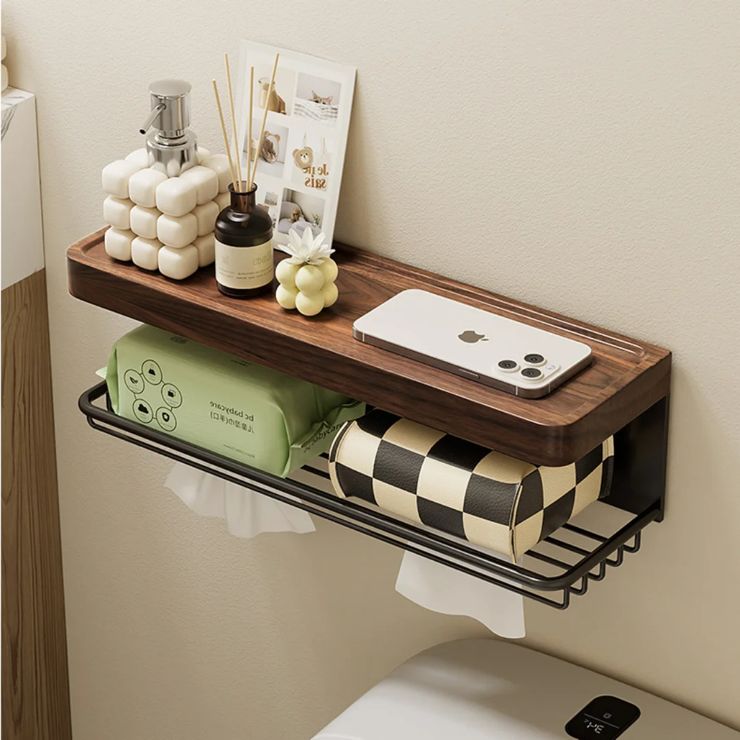 Walnut Aluminum Black bathroom paper Holder with Shelf Wall Mounted Tissue Holder paper roll holder Tissue Box