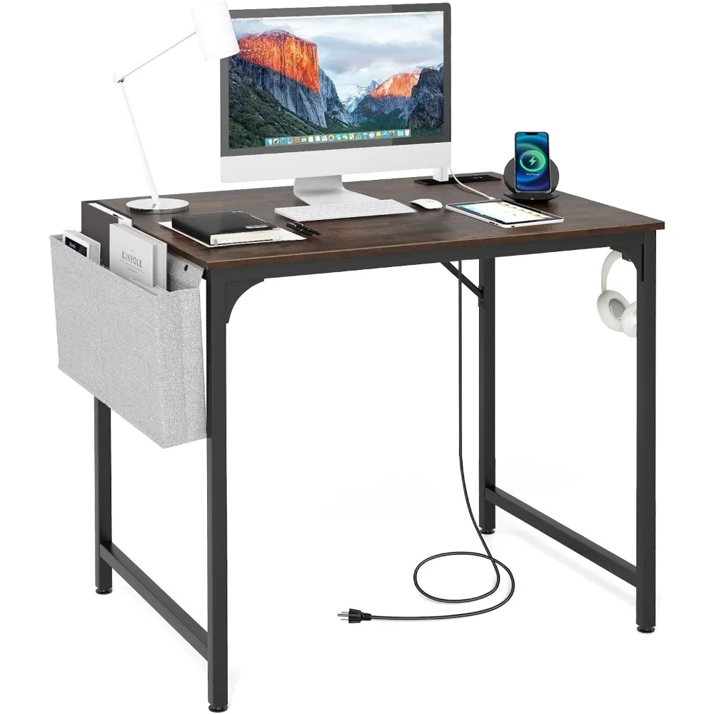 

32-дюймовый компьютерный стол с зарядной станцией, современный простой письменный стол для учебы с сумкой для хранения, крючком для наушников, прочный металлический каркас