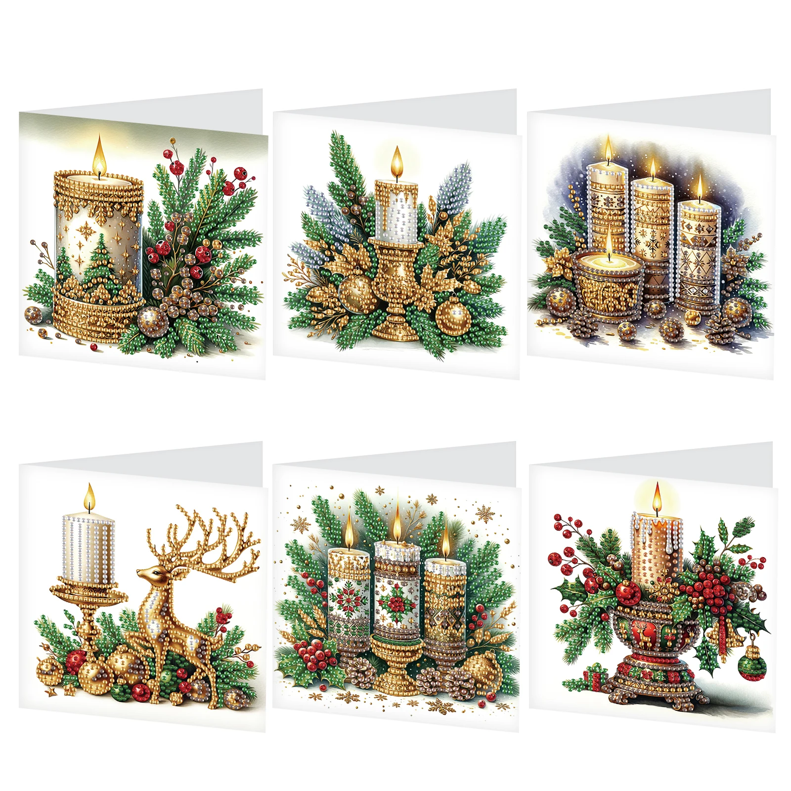 6-teiliges Grußkarten-Set für Diamant-Kunstmalerei, Weihnachtskerzen-Grußkarten mit Umschlägen, Diamant-Kunsthandwerk, Geburtstagskarten