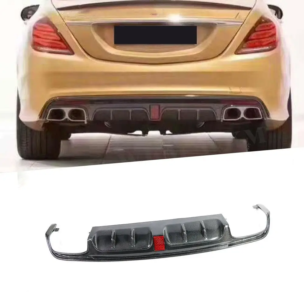 For S Class W222 Carbon Fiber Rear Bumper Lip Diffuser Spoiler for Mercedes Benz S63 S65 AMG 2013-2017 with Exhaust Muffer Tip