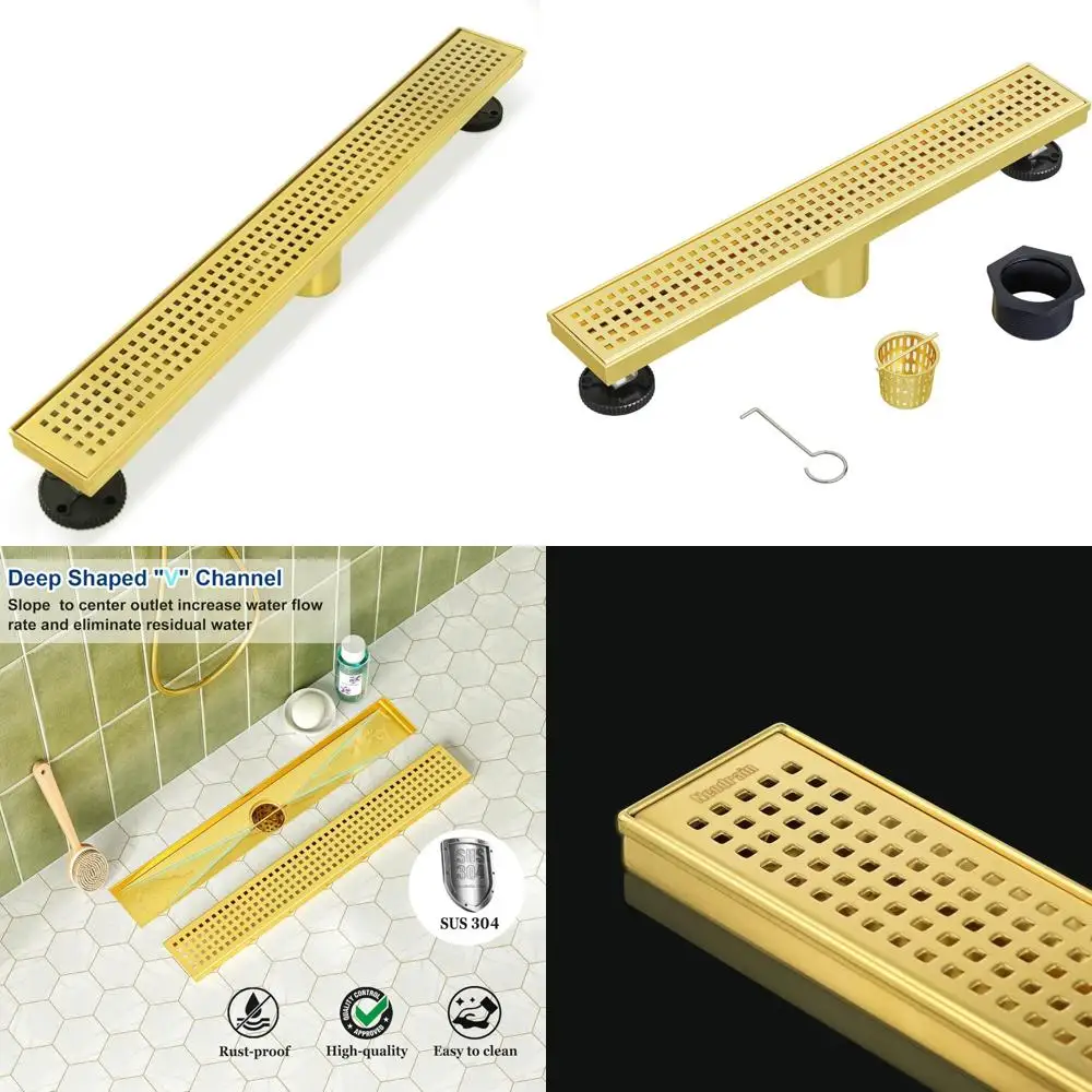 

18-Inch Brushed Brass Linear Shower Drain with Removable Quadrato Pattern Grate, Professional Grade 304 Stainless Steel Gold Fin