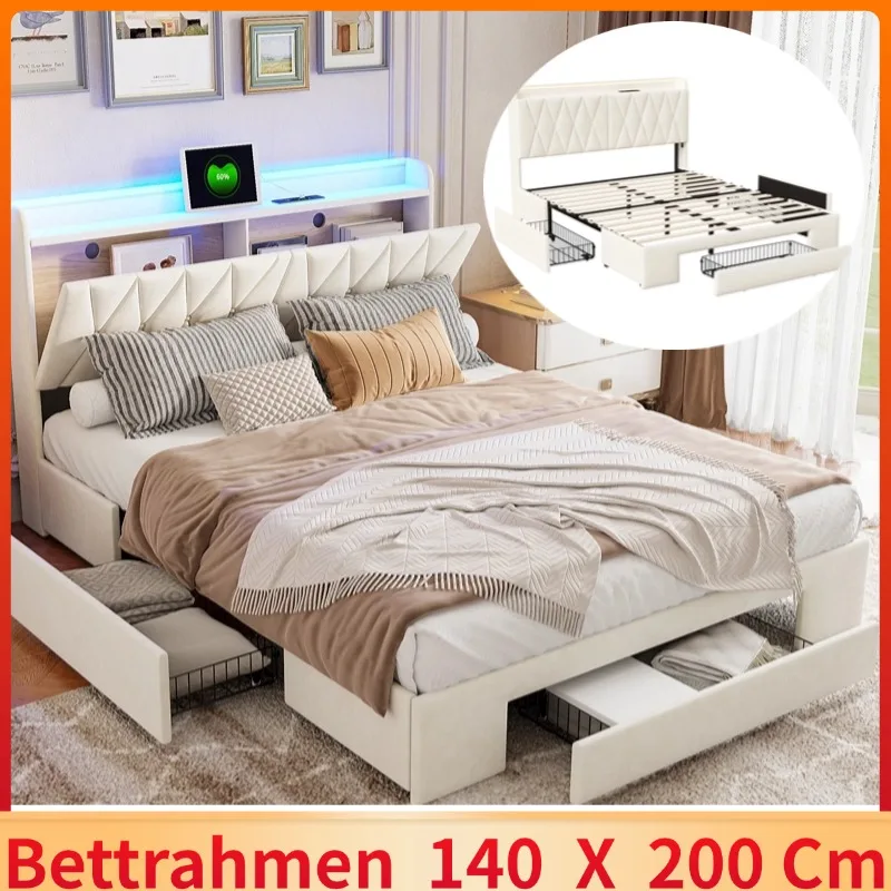 Lit adulte 140x200 cm avec 3 tiroirs, Tête de lit avec USB type-C deux prises et éclairage LED, tissu en velours, beige