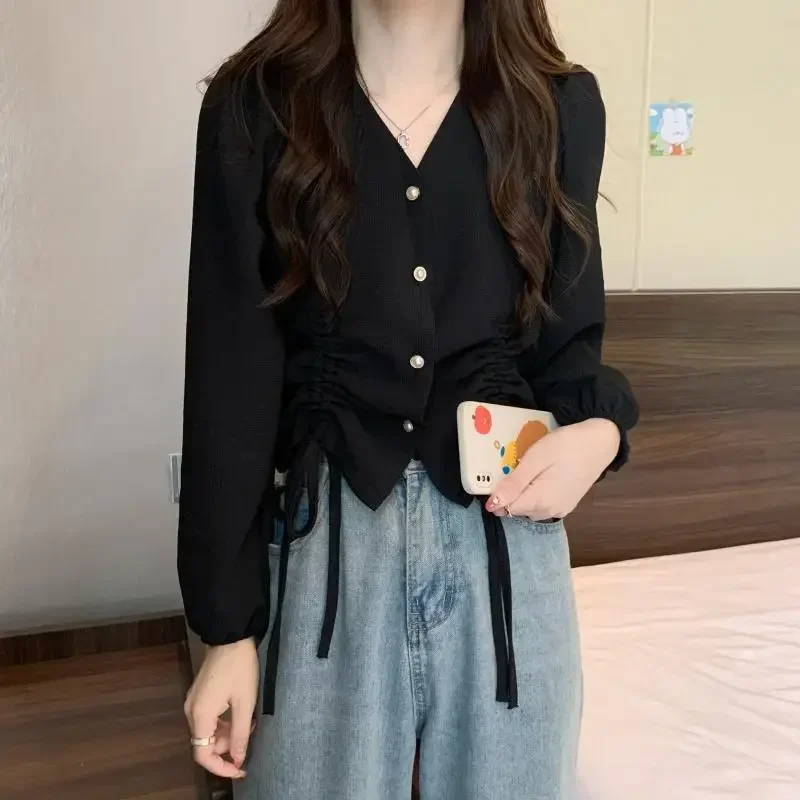 Рубашка с длинными рукавами, женская новая дизайнерская рубашка с нишевым шнурком в западном стиле, маленькая рубашка с объемными рукавами, шикарный маленький весенний топ